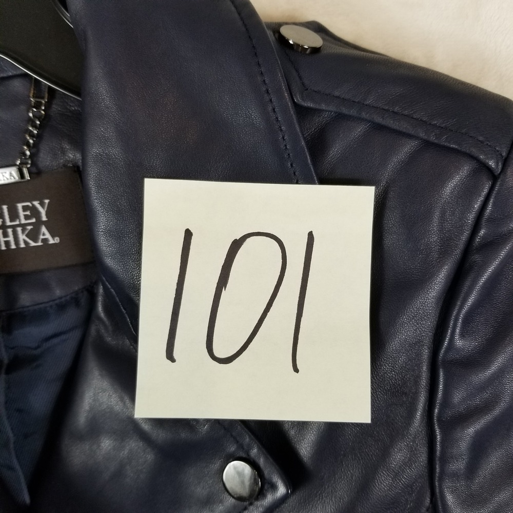 Badgley Mischka Leather‎ Moto Jacket Womens M Navy Blue Asymmetrical Zip Biker - Picture 11 of 11